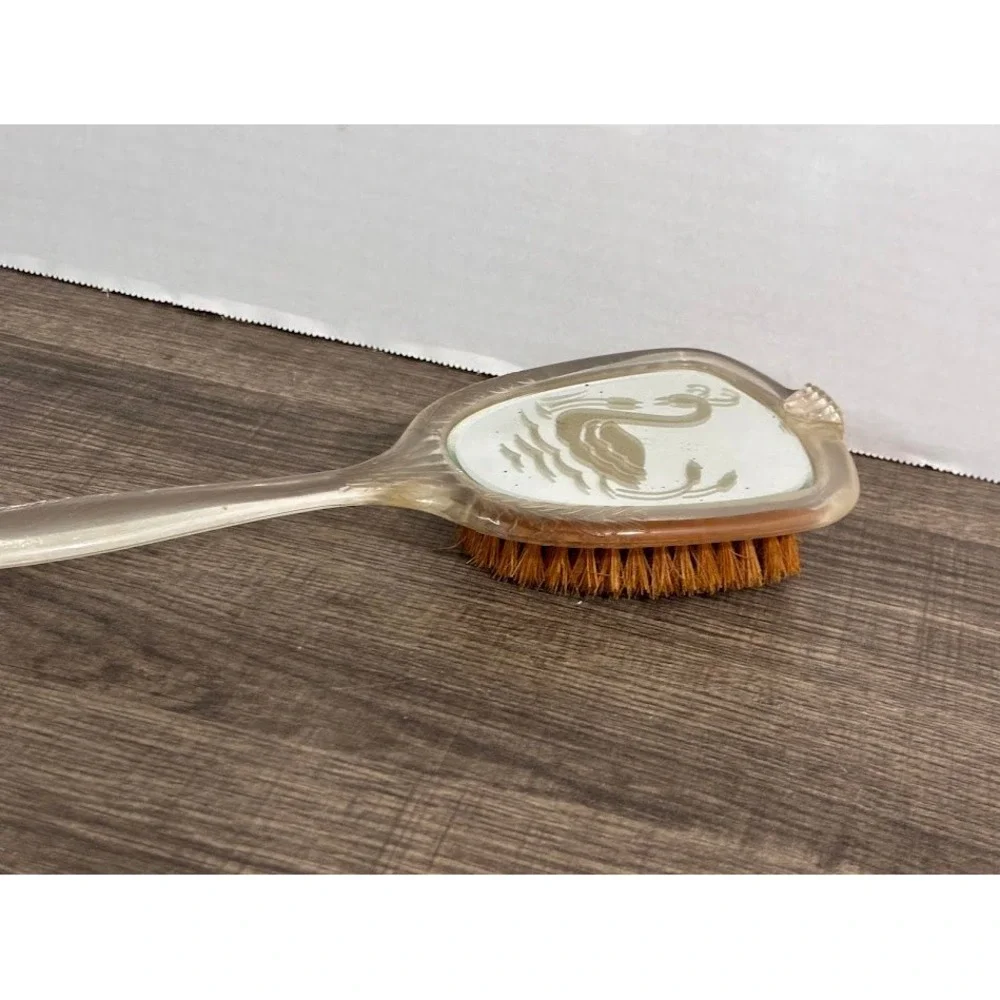Vintage Lucite Hair Brush Etched Swan Design Clear Plastic Made in USA 10.5 Inch